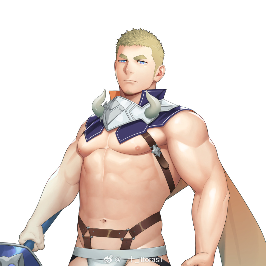 1boy abs bara blonde_hair blue_eyes closed_mouth delafere_(gyee) gyee holding holding_weapon itto_(mentaiko) large_pectorals looking_at_viewer male_focus male_underwear muscular muscular_male navel nipples pectorals short_hair simple_background solo underwear weapon weibo_username white_background white_male_underwear