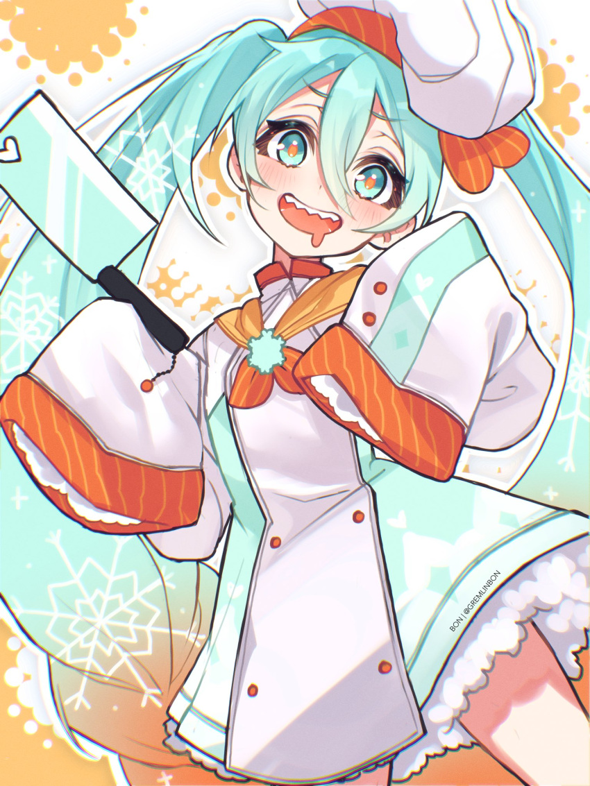 1girl blue_eyes blue_hair blush chef_hat cleaver commentary dress drooling english_commentary gremlinbon hat hatsune_miku highres holding holding_knife knife looking_at_viewer mouth_drool multicolored_hair open_mouth orange_hair shrimpku sleeves_past_fingers sleeves_past_wrists smile snowflakes solo vocaloid yuki_miku yuki_miku_(2024)_(applicant)