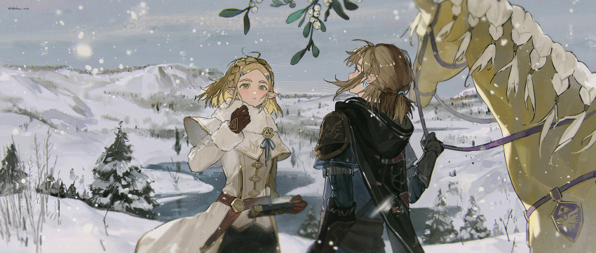 1boy 1girl akihare blonde_hair braid coat crown_braid earrings fur_trim green_eyes half_updo highres horse hylian_crest jewelry link outdoors pine_tree pointy_ears princess_zelda purah_pad sidelocks snow snowing the_legend_of_zelda the_legend_of_zelda:_tears_of_the_kingdom tree triforce winter winter_clothes