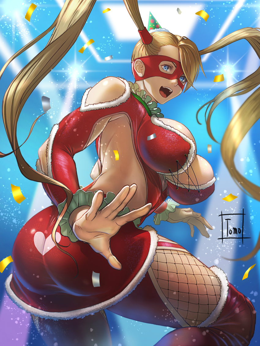 1girl artist_name ass blonde_hair blue_eyes breasts christmas clothing_cutout commentary_request covered_nipples detached_sleeves frills from_side gradient_clothes highleg highleg_leotard highres large_breasts leotard long_hair long_sleeves looking_at_viewer mask open_mouth rainbow_mika shoulder_cutout signature simple_background smile solo stage_lights street_fighter street_fighter_zero_(series) teeth thighs tomo_eokaiteru twintails upper_teeth_only wrestling_outfit