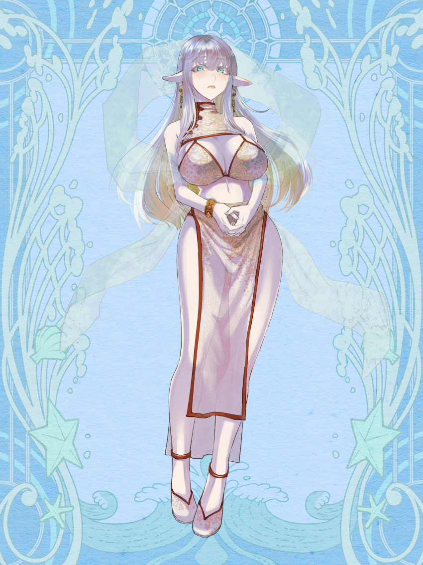 1girl blue_background blue_eyes breasts clothing_request dairoku_ryouhei earrings elf full_body grey_hair highres jewelry kisukepbw large_breasts lipstick looking_at_viewer makeup own_hands_together pale_skin pointy_ears solo transparent white_footwear