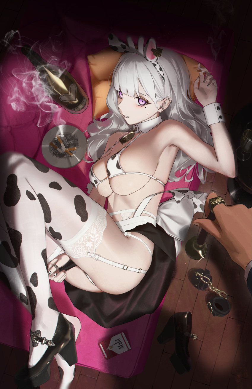 1girl absurdres animal_ears animal_print ass bare_shoulders bell bikini bikini_top_only black_footwear black_skirt blunt_bangs breasts cigarette clenched_teeth couch cow_ears cow_print cow_print_thighhighs cowbell detached_collar ear_tag earrings fake_animal_ears garter_belt garter_straps grey_hair handcuffs_removed high_heels highres holding holding_bell holding_cigarette indoors jewelry large_breasts long_hair looking_at_viewer lying maid micro_bikini mole mole_under_eye multiple_earrings nail_polish navel neck_bell on_side original panties platform_footwear pov pov_hands print_thighhighs purple_eyes rasa_k ring sideboob skirt skirt_tug smoke strap_gap swimsuit teeth thighhighs thighs underwear white_hair white_panties wooden_floor wrist_cuffs