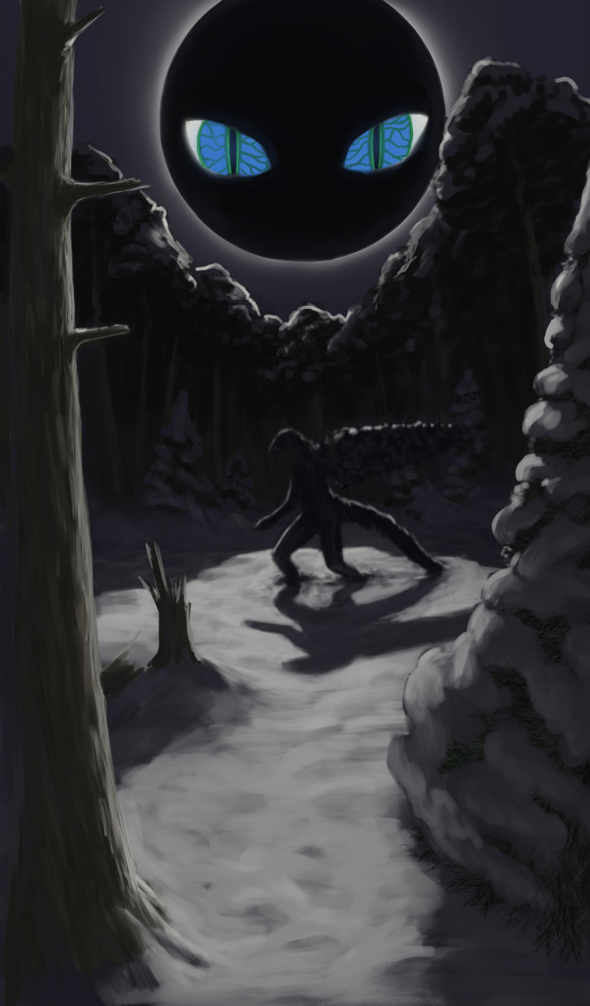 absurd_res ambiguous_gender anthro artz2012 blue_eyes dragon evergreen_tree frazzledragon green_eyes hi_res looking_at_viewer moon night outside pine_tree plant pupils scalie slit_pupils snow solo taiga tree tree_stump western_dragon