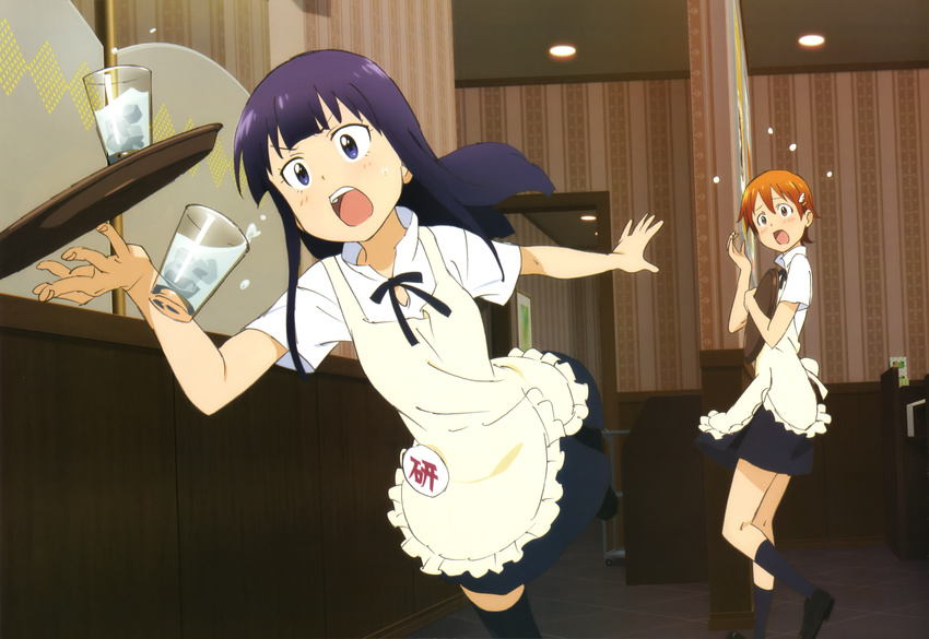 absurdres apron drink highres inami_mahiru legs long_hair multiple_girls non-web_source nyantype official_art open_mouth orange_hair purple_hair scan short_hair socks takase_tomoaki thighhighs tray waitress working!! yamada_aoi zettai_ryouiki