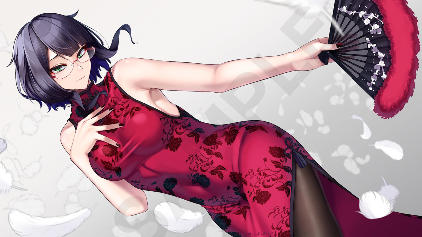 1girl armpits black_hair breasts brown_pantyhose china_dress chinese_clothes closed_mouth colored_inner_hair commentary_request commission dress floral_print glasses hand_fan hand_on_own_chest highres holding holding_fan kutsuda_miru medium_breasts multicolored_hair original pantyhose print_dress purple_hair red_dress short_hair skeb_commission smile