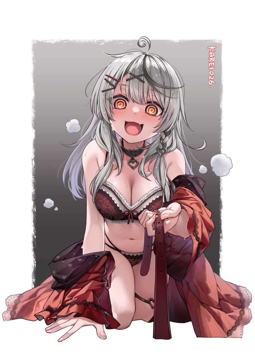 1girl absurdres ahoge animal_collar arm_support black_collar black_hair blush bra braid breasts collar commentary_request crazy_eyes crazy_smile curry_bowl dress fang frilled_bra frilled_panties frills full-face_blush grey_hair hair_ornament hairclip heart_o-ring highres hololive large_breasts leash lingerie long_hair long_sleeves multi-strapped_panties o-ring o-ring_thigh_strap official_alternate_hair_length official_alternate_hairstyle open_clothes open_dress open_mouth panties pov red_bra red_dress sakamata_chloe side_braid skin_fang smile solo straight_hair thigh_strap twitter_username underwater underwear viewer_on_leash virtual_youtuber x_hair_ornament yandere