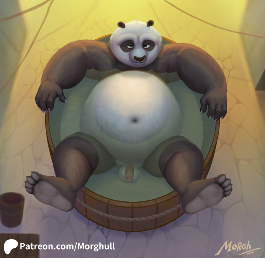 2023 absurd_res anthro balls bathing bear belly big_belly black_body black_nose detailed_background dreamworks feet flaccid genitals giant_panda hi_res kung_fu_panda male mammal master_po_ping navel overweight overweight_male penis solo themorghull water white_body