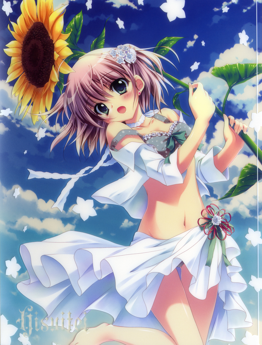 :o absurdres bare_shoulders bikini blush bow breasts character_request cloud collarbone copyright_request day earrings flower green_eyes groin hair_flower hair_ornament highres holding huge_filesize izumi_tsubasu jewelry looking_at_viewer navel open_clothes open_mouth open_shirt polka_dot polka_dot_bikini polka_dot_swimsuit purple_hair sarong shiny shiny_skin shirt short_hair sky small_breasts solo standing standing_on_one_leg strap_slip sunflower swimsuit thigh_gap white_sarong wind wind_lift
