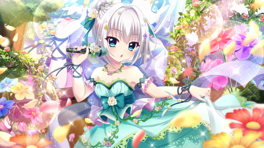 1girl arm_garter arm_ribbon bare_shoulders blue_eyes blue_flower blue_ribbon blurry blurry_foreground breasts dot_nose dress falling_petals film_grain flower game_cg green_dress green_skirt hair_bun holding holding_microphone ivy izumi_tsubasu jewelry lens_flare looking_at_viewer microphone necklace nishidate_haku non-web_source official_art open_mouth petals re:stage! red_flower ribbon rose screen short_hair sidelocks skirt skirt_hold small_breasts solo sparkle strapless strapless_dress white_flower white_hair white_rose yellow_flower