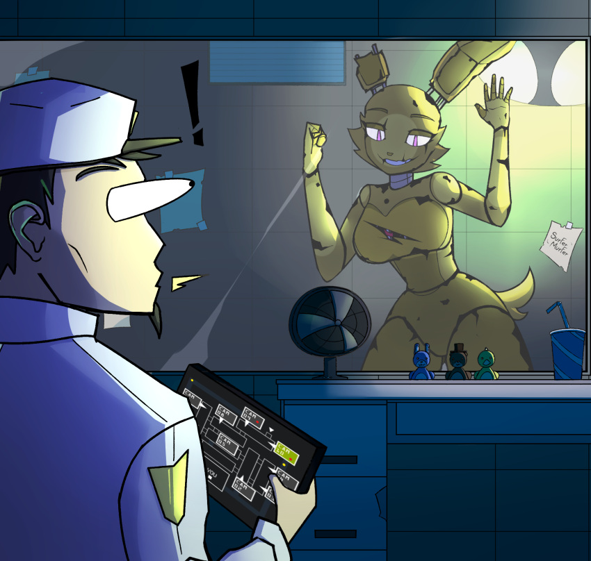 against_surface animatronic behind_glass crossgender duo female five_nights_at_freddy's five_nights_at_freddy's_2 five_nights_at_freddy's_3 hi_res human humanoid machine male male/female mammal on_glass purple_eyes robot scottgames security security_guard spring_bonnie_(fnaf) springtrap_(fnaf) surfer_murfer surprise