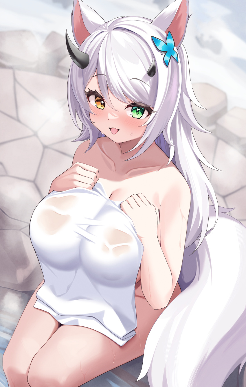 1girl absurdres animal_ears bare_shoulders black_horns breasts butterfly_hair_ornament collarbone commission copyright_request elegant_(sumisumi4268) green_eyes grey_hair hair_ornament hands_on_own_chest heterochromia highres horns large_breasts long_hair naked_towel onsen open_mouth sitting solo tail towel wet yellow_eyes