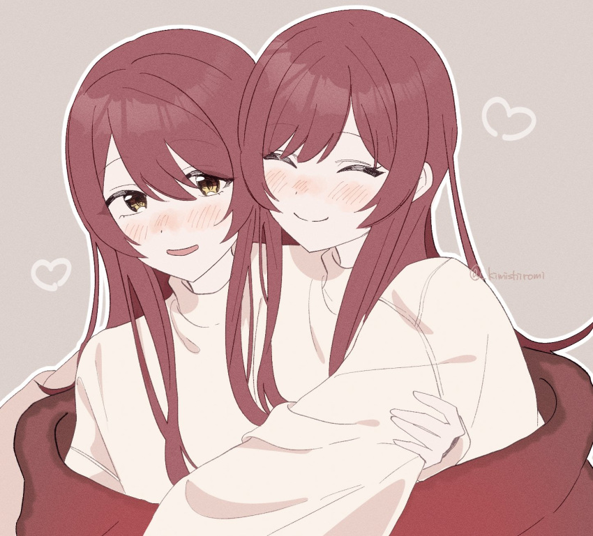 2girls blush closed_eyes closed_mouth hair_between_eyes highres hug hug_from_behind idolmaster idolmaster_shiny_colors kimishiromi long_hair long_sleeves multiple_girls open_mouth osaki_amana osaki_tenka red_hair siblings sisters smile sweater swept_bangs turtleneck turtleneck_sweater twins yellow_eyes