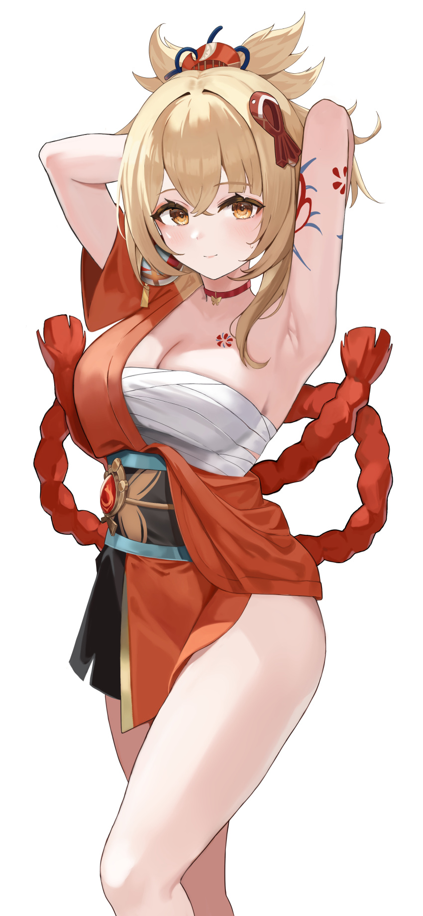 1girl absurdres arm_tattoo armpits arms_up bandages black_sash blonde_hair breasts chest_sarashi choker cleavage commentary feet_out_of_frame genshin_impact highres japanese_clothes kamko kimono looking_at_viewer obi orange_kimono ponytail red_choker sarashi sash short_hair short_kimono single_bare_shoulder solo standing tattoo thighs yellow_eyes yoimiya_(genshin_impact)