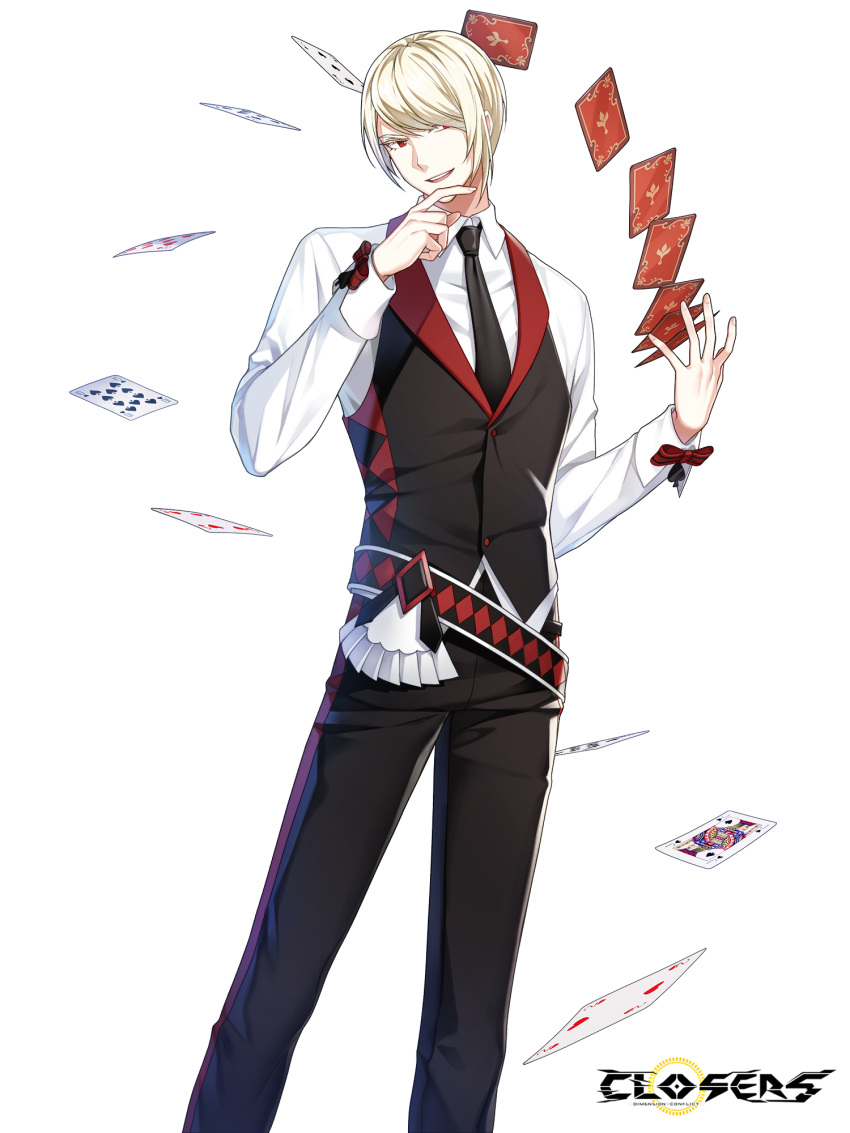 1boy :d belt black_belt black_necktie black_pants black_vest blonde_hair card closers collared_shirt colored_eyelashes copyright_name croupier dress_pants dress_shirt eight_of_hearts facing_viewer feet_out_of_frame floating_card four_of_hearts hair_over_one_eye hand_on_own_chin hands_up highres jack_(playing_card) jack_of_spades legs_apart logo long_sleeves looking_to_the_side male_focus necktie official_art pants playing_card red_eyes shirt short_hair smile solo standing stroking_own_chin swept_bangs teeth ten_of_spades three_of_clubs tossing two_of_hearts upper_teeth_only vest waistcoat white_background white_shirt wolfgang_schneider