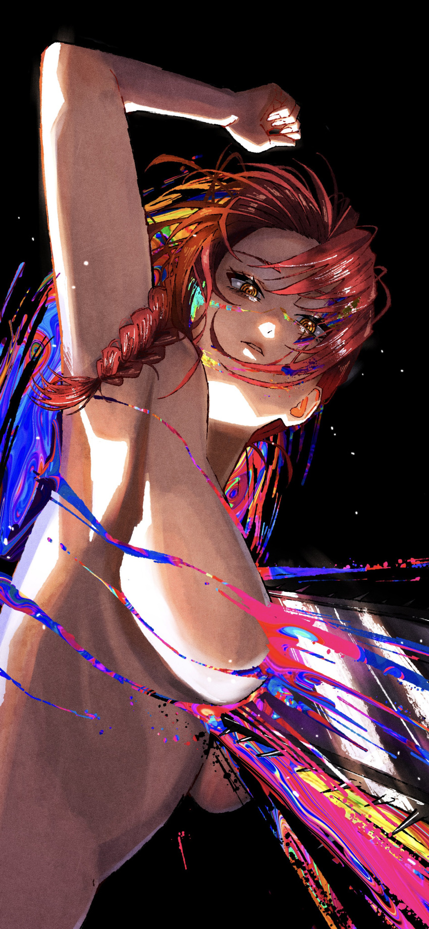 1girl abstract absurdres arm_up armpits black_background bleeding blood blood_in_hair blood_on_body blood_on_face blue_blood braid braided_ponytail breasts chainsaw_man convenient_censoring erupusai2 facial_mark from_side hair_over_shoulder highres injury large_breasts liquid looking_at_viewer looking_to_the_side lying makima_(chainsaw_man) on_back orange_hair pink_blood rainbow_blood red_hair ringed_eyes sideways simple_background solo upper_body yellow_eyes