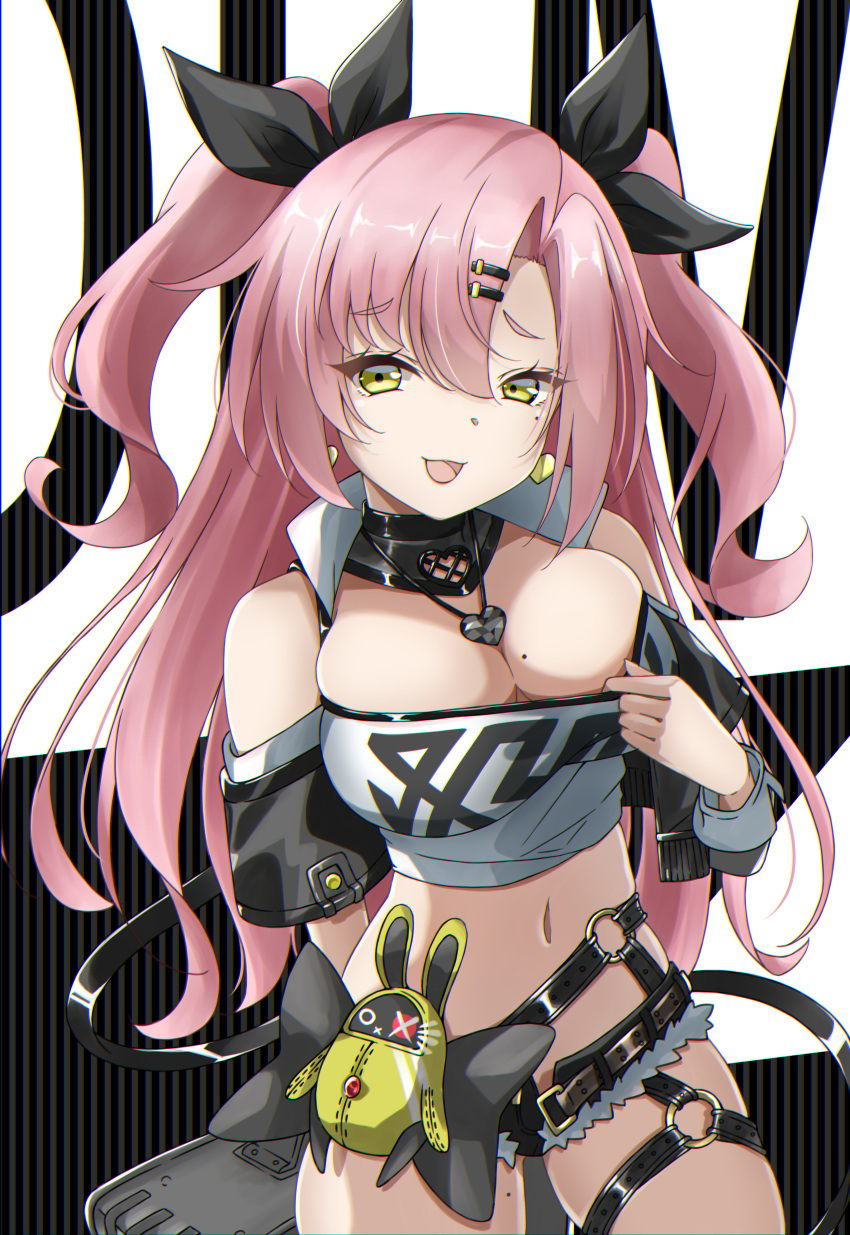 1girl :d absurdres bare_shoulders black_ribbon black_shorts breasts commentary_request cowboy_shot hair_ribbon highres kaorun_(momiji_hourensou) large_breasts long_hair looking_at_viewer micro_shorts midriff navel nicole_demara open_mouth pink_hair ribbon shorts smile solo standing stomach strapless thighs tube_top two_side_up very_long_hair yellow_eyes zenless_zone_zero