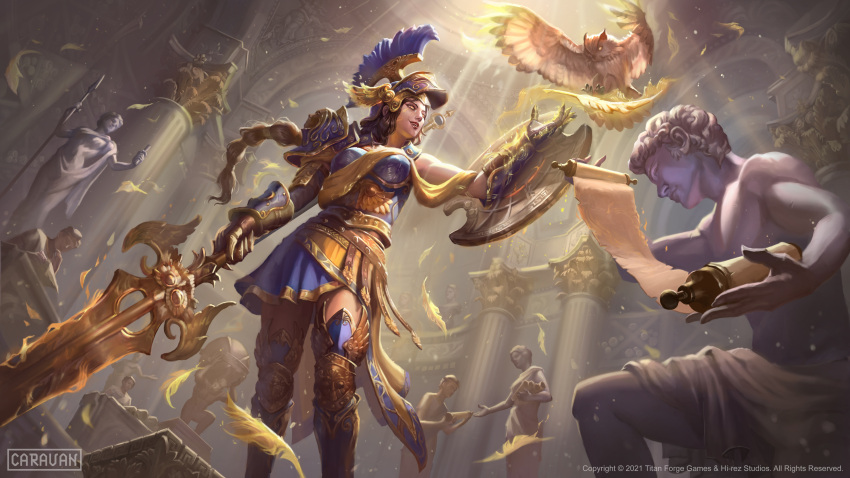 1girl absurdres architecture armor athena_(smite) athena_(smite)_(masteries) bird brown_hair greco-roman_architecture greek_armor helmet highres holding holding_shield holding_sword holding_weapon indoors long_hair official_alternate_costume orange_eyes owl ponytail ramza_ardyputra scroll shield smite solo_focus statue sword weapon