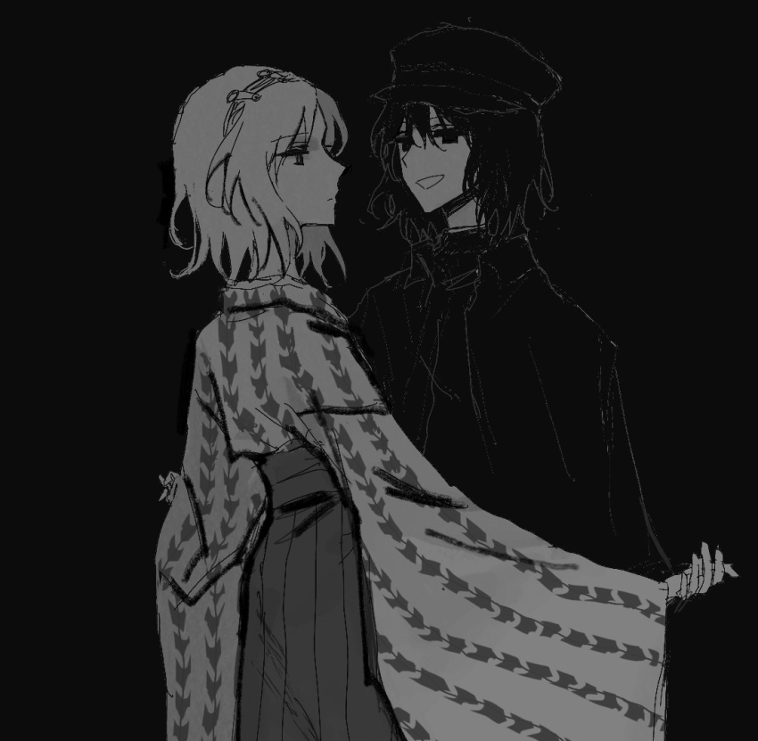 2others androgynous black_background closed_mouth greyscale h9ef1 hakama hakama_skirt hat jacket japanese_clothes kimono len'en long_sleeves medium_hair monochrome multiple_others open_clothes open_jacket other_focus senri_tsurubami simple_background sketch skirt smile wide_sleeves yagasuri zuifeng_tenkai