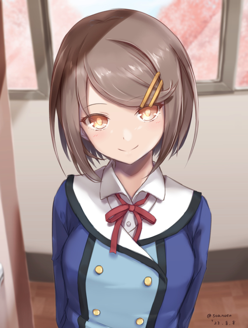 1girl absurdres arms_at_sides blue_jacket blurry blurry_background bright_pupils brown_eyes brown_hair buttons closed_mouth collared_jacket collared_shirt dated day frame_arms_girl hair_ornament hairclip head_tilt highres indoors jacket kongou_(frame_arms_girl) light_blush looking_at_viewer neck_ribbon red_ribbon ribbon shirt short_hair smile soanote solo straight-on straight_hair swept_bangs twitter_username upper_body white_shirt window