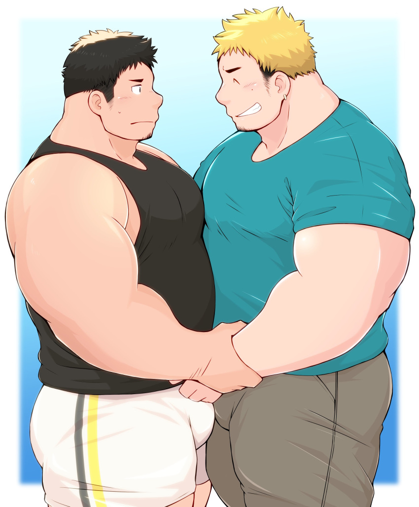 2boys 3c_pan_(izumipan3) ^_^ absurdres bara belly-to-belly black_tank_top blonde_hair blush bulge bulge_press bulges_touching closed_eyes couple from_side goatee_stubble grin hand_on_another's_arm highres large_pectorals looking_at_another male_focus medium_sideburns mole mole_under_eye multicolored_hair multiple_boys muscular muscular_male original pectoral_docking pectoral_press pectorals plump profile sexual_harassment shirt_tug short_hair short_shorts shorts sideburns_stubble sideways_mouth smile tank_top thick_eyebrows thick_thighs thighs two-tone_hair yaoi