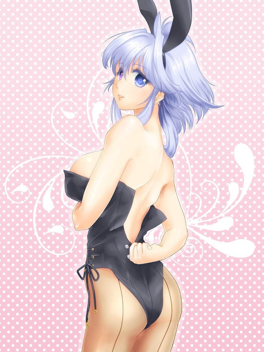 animal_ears back-seamed_legwear blue_hair bunny_ears bunnysuit from_behind heterochromia highres lavolpe_(yagisaka_seto) original pantyhose seamed_legwear sidelocks solo undressing unzipping yagisaka_seto