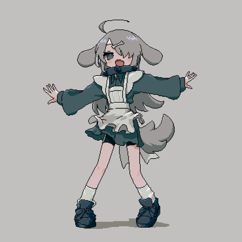 1girl absurdres ahoge animal_ears apron bike_shorts black_footwear black_shirt black_skirt blush bone_hair_ornament collar collared_shirt dog_ears dog_girl dog_tail floppy_ears grey_background grey_eyes grey_hair hair_ornament hair_over_one_eye highres long_hair long_sleeves looking_at_viewer nuinuiwawan_(character) open_mouth original outstretched_arms pixel_art pleated_skirt shirt sidelocks simple_background sivcha skirt smile socks solo spiked_collar spikes spread_arms standing tail tongue white_apron white_socks