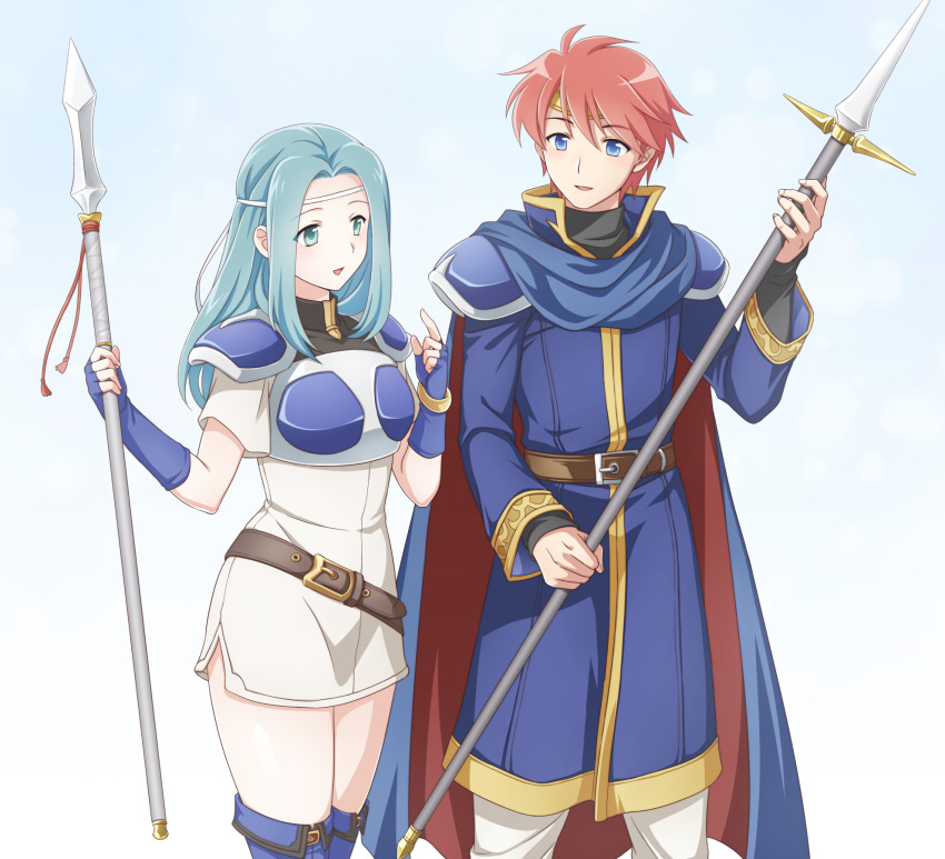 1boy 1girl aqua_hair armor blue_eyes blue_footwear blue_gloves boots breastplate cape dress eliwood_(fire_emblem) fingerless_gloves fiora_(fire_emblem) fire_emblem fire_emblem:_the_blazing_blade gloves ham_pon headband highres holding holding_polearm holding_weapon long_hair long_sleeves pegasus_knight_uniform_(fire_emblem) polearm red_hair short_dress short_hair short_sleeves side_slit simple_background smile thigh_boots weapon white_dress