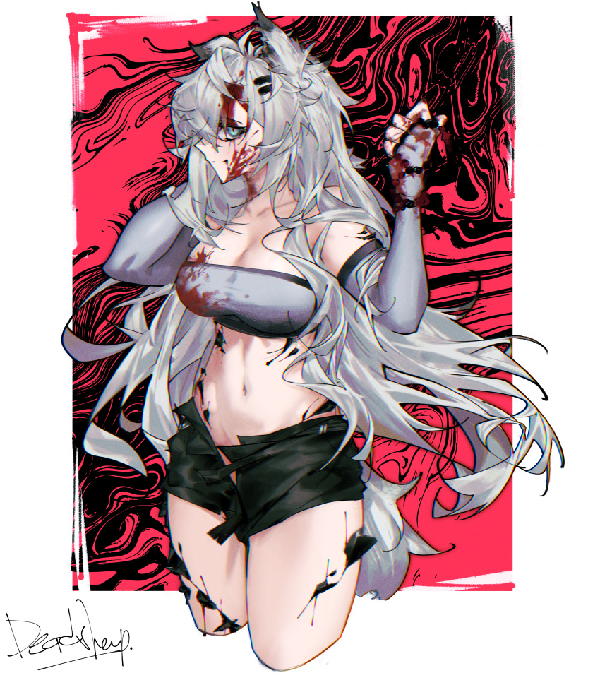 1girl absurdres animal_ears arknights bandeau bare_shoulders black_shorts blood blood_in_hair blood_on_clothes blood_on_face blood_on_hands blue_eyes breasts cleavage commentary cropped_legs dead_sheep elbow_gloves fingerless_gloves gloves grey_gloves grey_hair hair_ornament hairclip highres lappland_(arknights) long_hair looking_at_viewer medium_breasts midriff navel open_fly oripathy_lesion_(arknights) short_shorts shorts smile solo standing stomach strapless thighs tube_top very_long_hair wolf_ears