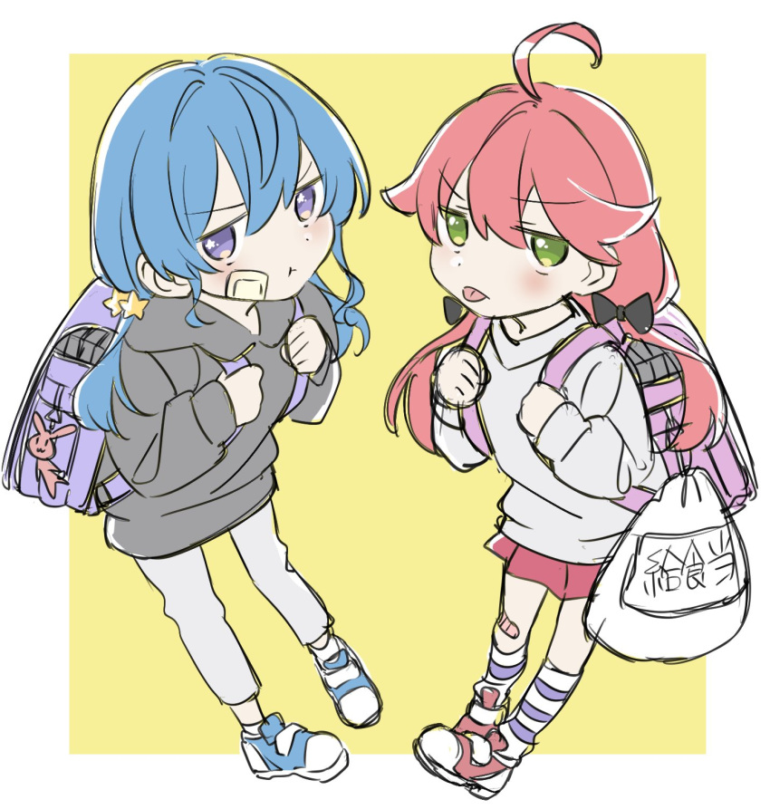 2girls :t aged_down ahoge alternate_costume ankle_socks asymmetrical_sidelocks backpack bag bandaid bandaid_on_face bandaid_on_leg black_bow black_hoodie blue_hair blush bow closed_mouth commentary_request dot_nose double-parted_bangs furrowed_brow grey_pants hair_between_eyes hair_bow hair_ornament highres holding_strap hololive hood hoodie hoshimachi_suisei kneehighs long_hair long_sleeves looking_at_viewer low_twintails multiple_girls pants pink_bag pink_hair pleated_skirt pouch pout purple_bag purple_eyes purple_socks randoseru red_skirt sakura_miko shoes skirt sneakers socks star_(symbol) star_hair_ornament star_in_eye striped_clothes striped_socks stuffed_animal stuffed_rabbit stuffed_toy sweater symbol_in_eye tongue tongue_out translation_request twintails virtual_youtuber white_socks white_sweater yaya_(pi63925174)