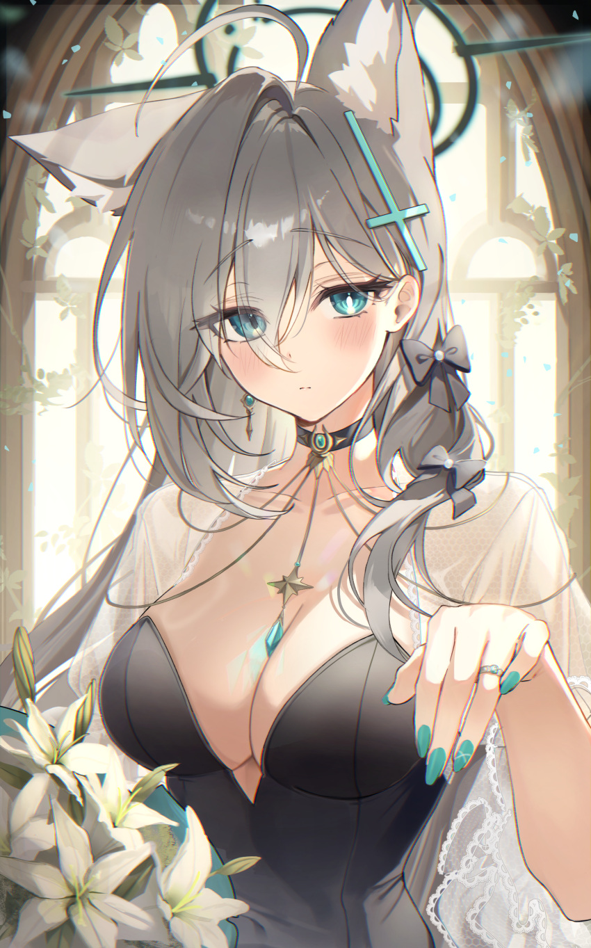 1girl absurdres ahoge animal_ears black_dress blue_archive blue_eyes blush breasts cleavage closed_mouth collarbone cross_hair_ornament dark_halo dress extra_ears eyes_visible_through_hair fingernails flower green_nails grey_hair hair_between_eyes hair_ornament halo highres iop5509 jewelry large_breasts long_hair looking_at_viewer mismatched_pupils nail_polish pendant revision ring shiroko_(blue_archive) shiroko_terror_(blue_archive) solo white_flower window wolf_ears