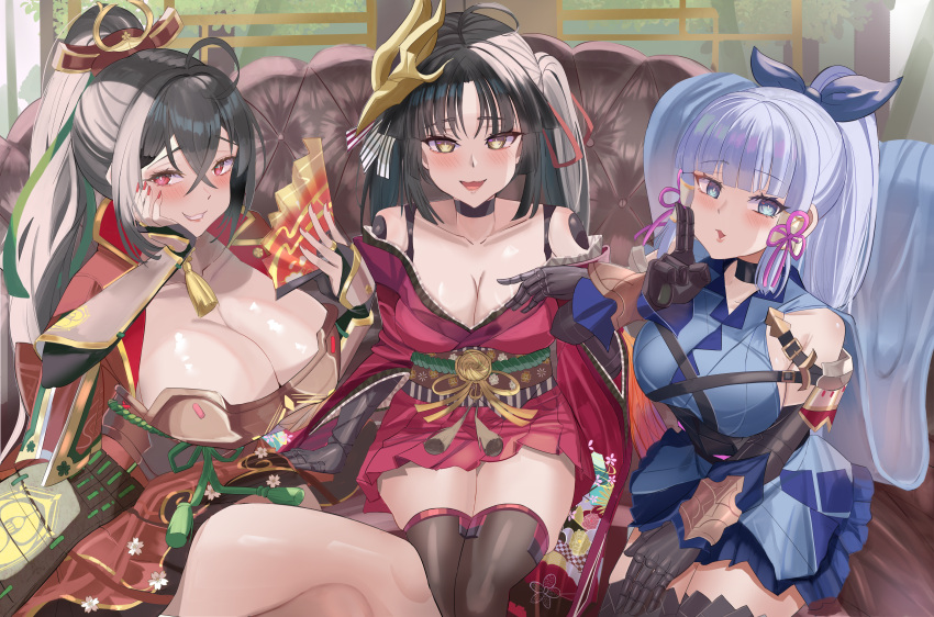 3girls absurdres armor azur_lane bare_shoulders benz black_hair blue_eyes blue_hair breastplate breasts cleavage commission cosplay costume_switch english_commentary fate/grand_order fate_(series) genshin_impact hand_on_own_cheek hand_on_own_face highres huge_breasts indoors japanese_armor japanese_clothes kamisato_ayaka katou_danzou_(fate) katou_danzou_(fate)_(cosplay) kimono large_breasts long_hair long_sleeves looking_at_viewer mask mask_on_head mechanical_arms multiple_girls red_eyes red_kimono red_ribbon ribbon sitting taihou_(azur_lane) taihou_(azur_lane)_(cosplay) very_long_hair wide_sleeves yellow_eyes