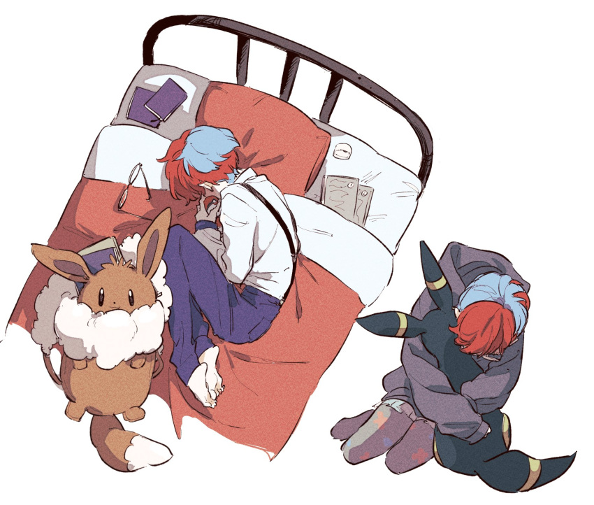 1girl animal_hug bed bed_sheet black_hoodie blue_hair book brown_bag e_aasq glasses highres holding holding_poke_ball hood hoodie long_sleeves lying multicolored_hair on_bed pants pantyhose penny_(pokemon) pillow poke_ball pokemon pokemon_(creature) pokemon_sv print_pantyhose purple_pants red_hair round_eyewear school_uniform shirt short_hair suspenders two-tone_hair umbreon unworn_eyewear uva_academy_school_uniform white_shirt