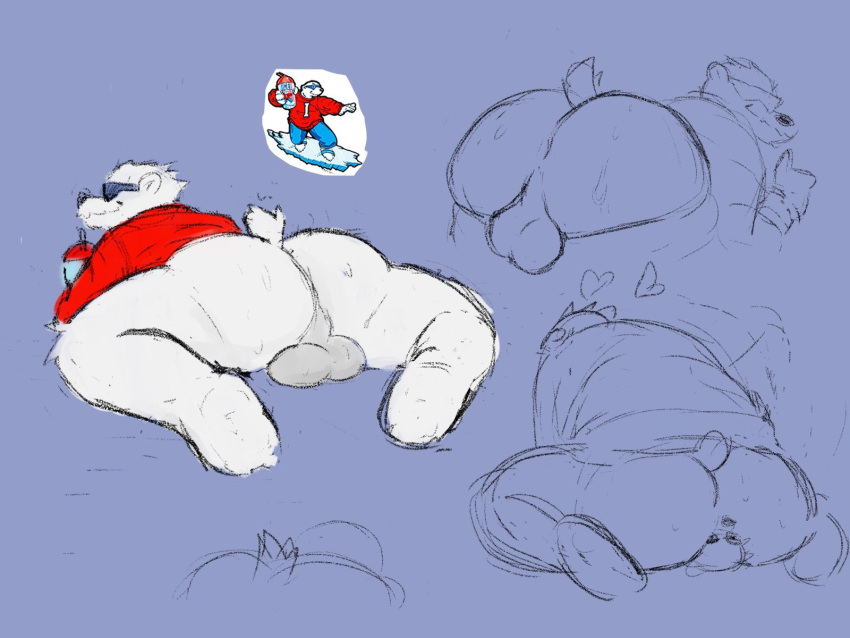 &lt;3 2023 4:3 ambiguous_gender anthro backsack balls bear bent_over beverage big_butt bodily_fluids bottomless butt clothed clothing colored_sketch duo eyewear facesitting fur genitals happyroadkill hi_res icee icee_bear_(icee) lying male male/ambiguous mammal on_front perineum polar_bear presenting presenting_hindquarters reference_image seductive sex sitting_on_another sketch sketch_page solo_focus spread_legs spreading sunglasses sweat sweaty_butt ursine white_body white_fur