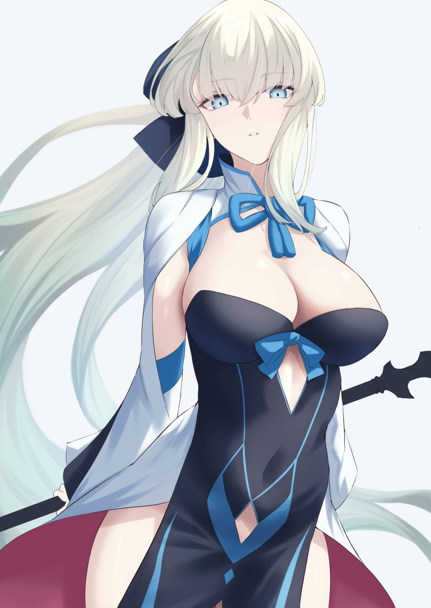 1girl absurdres black_bow black_dress blue_eyes bow braid breasts cleavage covered_navel dress fate/grand_order fate_(series) french_braid grey_hair hair_bow highres large_breasts long_hair long_sleeves looking_at_viewer morgan_le_fay_(fate) okuma707 pelvic_curtain ponytail sidelocks solo staff two-tone_dress very_long_hair white_dress