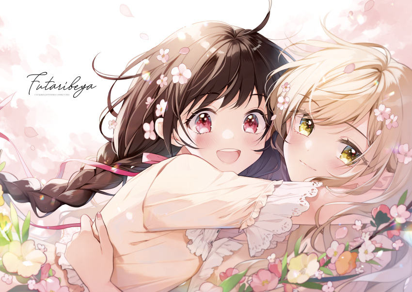 2023 2girls :d ahoge artist_name blonde_hair blush bow braid breasts brown_hair cherry_blossoms clip_studio_paint_(medium) closed_mouth copyright_name couple dress flower futaribeya hair_flower hair_ornament highres hug kawawa_sakurako lace-trimmed_sleeves lace_trim leaf long_hair looking_at_viewer multiple_girls official_art open_mouth parted_hair petals pink_eyes pink_flower pink_ribbon ribbon shirt signature smile teeth twin_braids upper_teeth_only wavy_hair yamabuki_kasumi yellow_eyes yellow_shirt yukiko_(tesseract) yuri