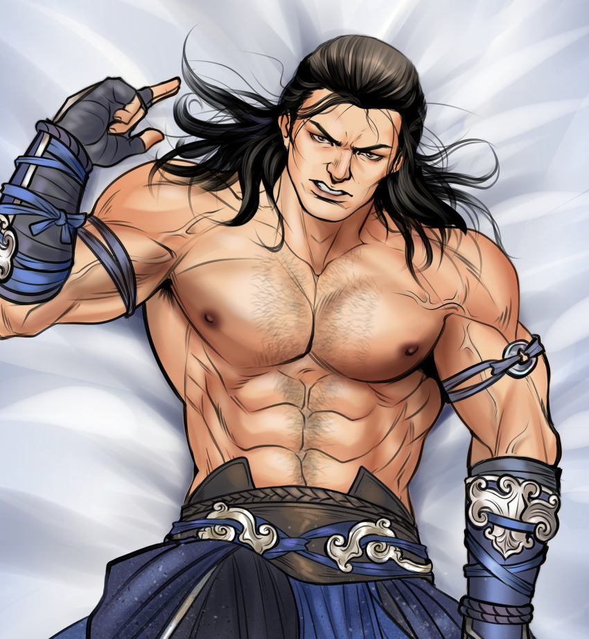 1boy abs absurdres armpit_hair armpit_hair_peek bara beard_stubble bed_sheet bi-han cowboy_shot dakimakura_(medium) from_above hairy highres large_pectorals long_hair looking_at_viewer lying male_focus mature_male mortal_kombat_(series) mortal_kombat_1_(2023) muscular muscular_male navel_hair nipples on_back pectorals sanpaku solo sparse_chest_hair sub-zero tazahan thick_eyebrows topless_male tsurime