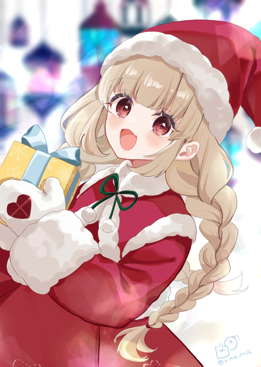1girl :d blurry blurry_background blush box braid brown_eyes commentary depth_of_field dress fang fur-trimmed_headwear fur-trimmed_sleeves fur_trim gift gift_box hat highres holding holding_gift light_brown_hair long_hair long_sleeves looking_at_viewer low_twintails mittens natori_sana red_dress red_headwear rino_cnc sana_channel santa_costume santa_hat smile solo twin_braids twintails twitter_username very_long_hair virtual_youtuber white_mittens