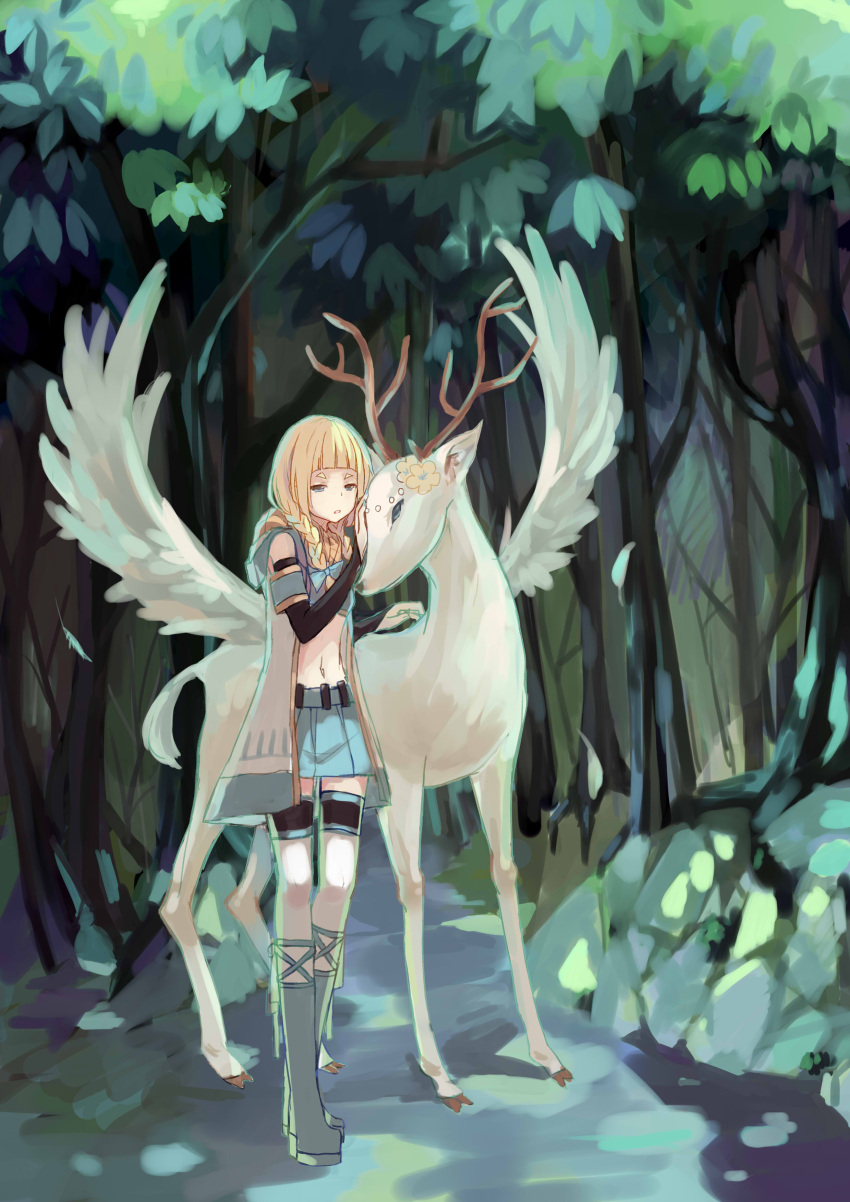 1girl absurdres antlers black_gloves blonde_hair blue_skirt boots braid cape dappled_sunlight deer deer_antlers elbow_gloves falling_feathers feathered_wings feathers flat_chest flower forest full_body gloves grey_cape grey_footwear highres hime_cut long_hair midriff nature navel outdoors path petting pixiv_fantasia pixiv_fantasia_new_world skirt solo standing sunlight thighlet tree twin_braids winged_animal wings xk_xk yellow_flower