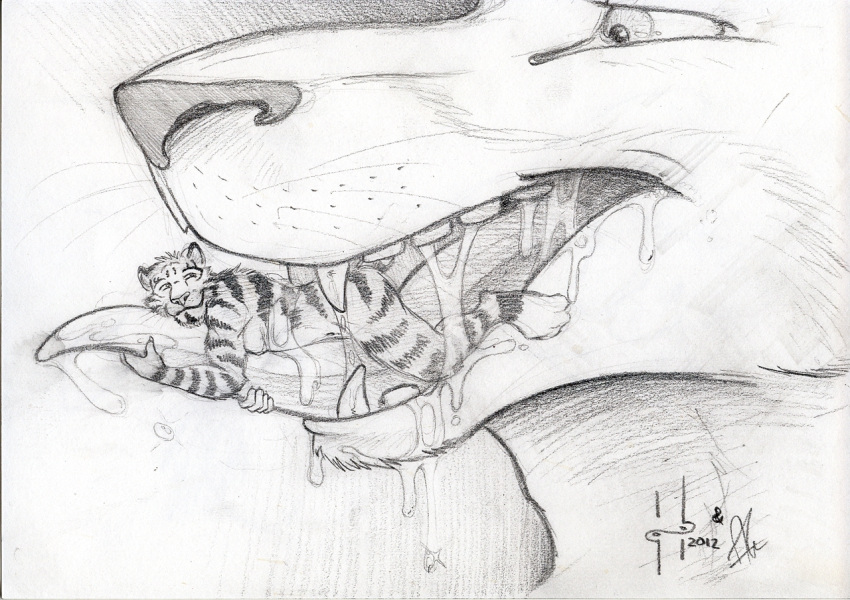 anthro bodily_fluids drooling duo eye_contact felid forest holding_tongue hufnaar kangaroo looking_at_another macro macropod male male/male mammal marsupial micro on_tongue open_mouth oral pantherine plant saliva size_difference smile solaxe_(artist) teeth tiger tongue tongue_hug tree