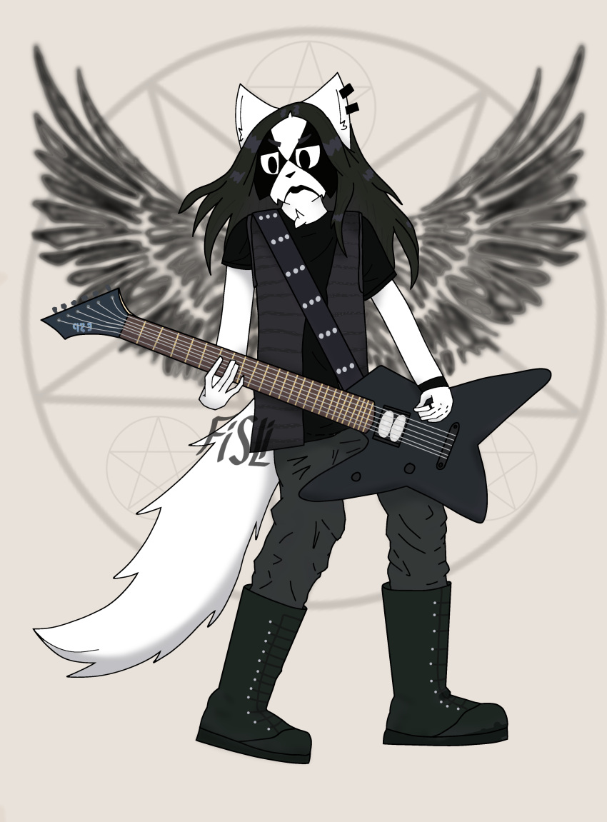 absurd_res anthro armband black_hair black_metal black_wings boots boy_kisser_(meme) clothing corpse_paint domestic_cat ear_piercing feathered_wings feathers felid feline felis footwear guitar hair hi_res long_hair male mammal metal_boots metal_hair musical_instrument pentagram piercing plucked_string_instrument solo string_instrument unknown_artist wings