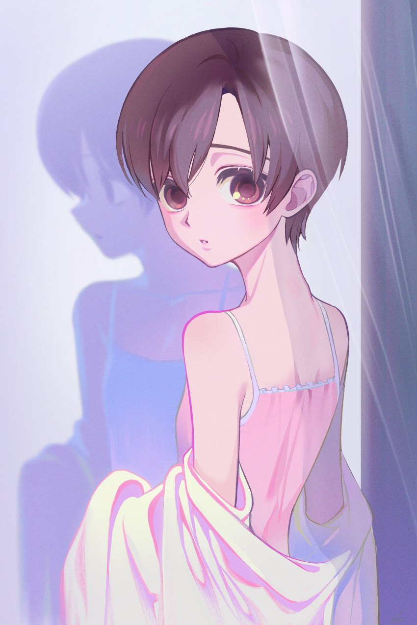 1girl absurdres androgynous bare_shoulders breasts brown_eyes brown_hair camisole curtains from_behind fujioka_haruhi hashtag_only_commentary highres long_sleeves looking_at_viewer looking_back off_shoulder open_clothes open_shirt ouran_high_school_host_club parted_lips phaysungyen red_eyes reflection shirt short_hair small_breasts solo spaghetti_strap surprised upper_body white_shirt