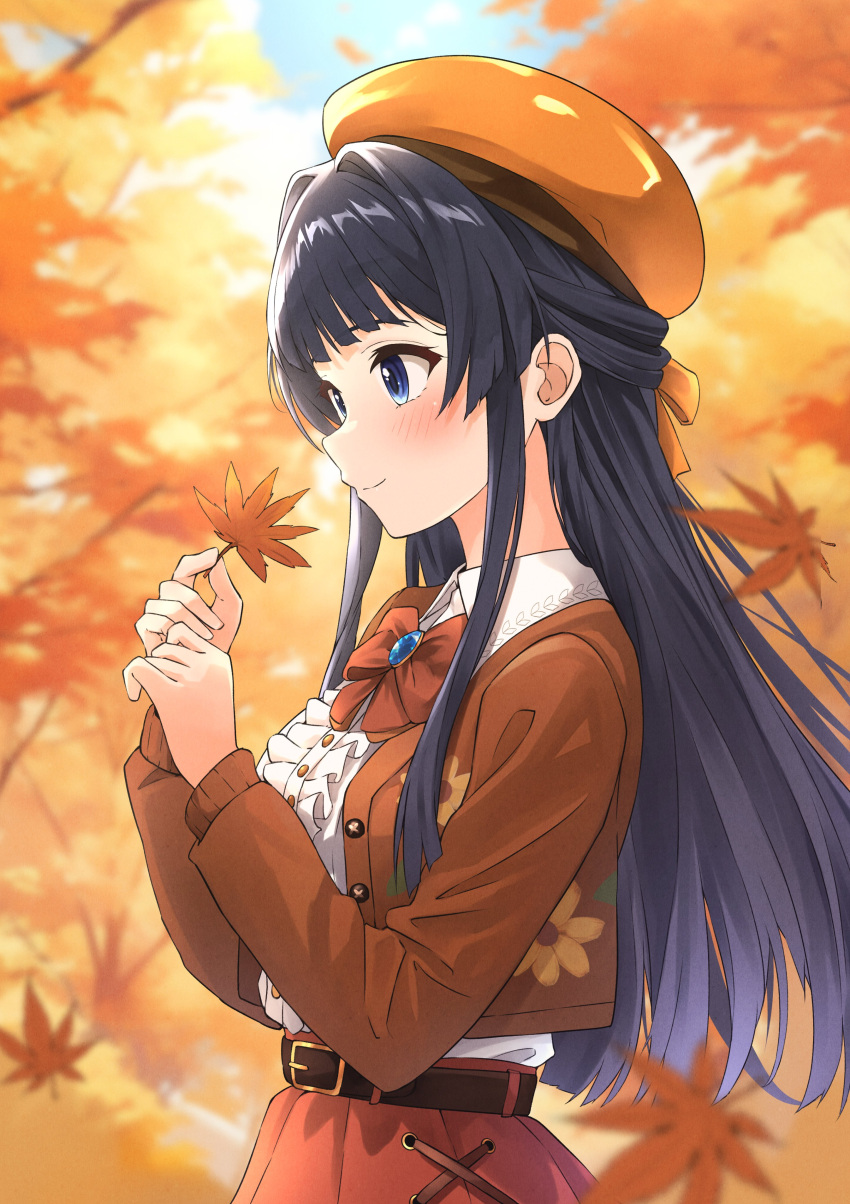 absurdres autumn_leaves b1ack_illust belt belted_skirt black_belt black_hair blue_eyes blue_sky blurry blurry_background blurry_foreground blush bow bowtie brown_bow brown_bowtie brown_headwear brown_jacket cloud commentary_request day falling_leaves frilled_shirt frills highres holding holding_leaf idolmaster idolmaster_million_live! jacket leaf long_hair long_sleeves mogami_shizuka outdoors red_skirt shirt sidelocks skirt sky smile tree upper_body white_shirt wing_collar