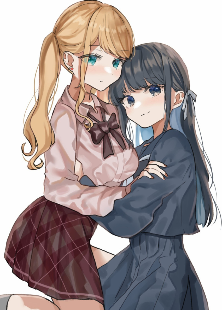 2girls black_eyes black_hair black_serafuku black_skirt blonde_hair blue_eyes bow breasts brown_bow brown_shirt brown_skirt closed_mouth collared_shirt dot_nose ear_piercing earrings eyes_visible_through_hair hair_bow hand_on_another's_arm hand_on_another's_waist heart heart_earrings highres jewelry large_breasts long_hair long_sleeves looking_at_viewer multiple_girls original piercing plaid plaid_skirt pleated_skirt school_uniform serafuku shirt side_ponytail sidelocks simple_background single_sidelock skirt smile ueruko white_background yuri