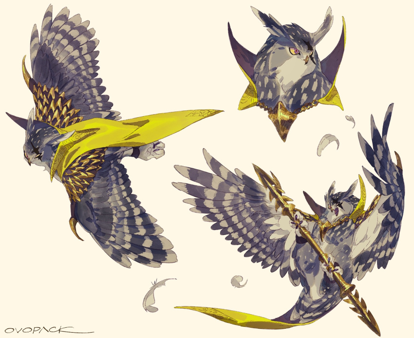 animal animal_focus artist_name bird cape clothed_animal commentary falling_feathers flying full_body highres holding holding_polearm holding_weapon jewelry multiple_views murayama_ryouta neck_ring no_humans open_mouth original owl polearm purple_eyes scar scar_across_eye signature simple_background spread_wings talons weapon yellow_background yellow_cape