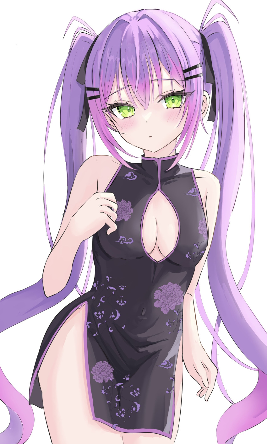 1girl absurdres black_ribbon blush breasts cleavage cleavage_cutout clothing_cutout dress floral_print_dress green_eyes hair_ornament hair_ribbon hairpin highres hololive long_hair looking_at_viewer medium_breasts multicolored_hair pink_hair purple_hair ribbon sleeveless sleeveless_dress streaked_hair tamamorh tokoyami_towa twintails virtual_youtuber