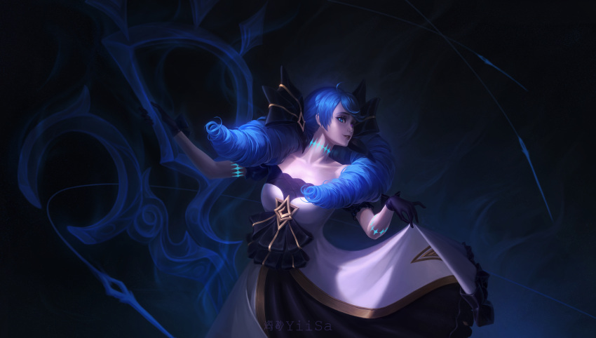 1girl absurdres ahoge artist_name bare_shoulders black_bow black_dress black_gloves blue_hair bow breasts collarbone dress drill_hair gloves gwen_(league_of_legends) hair_bow highres holding holding_scissors large_breasts league_of_legends long_hair looking_to_the_side multicolored_background needle oversized_object profile red_lips scissors sea_sand sewing_needle solo teeth twin_drills twintails white_dress