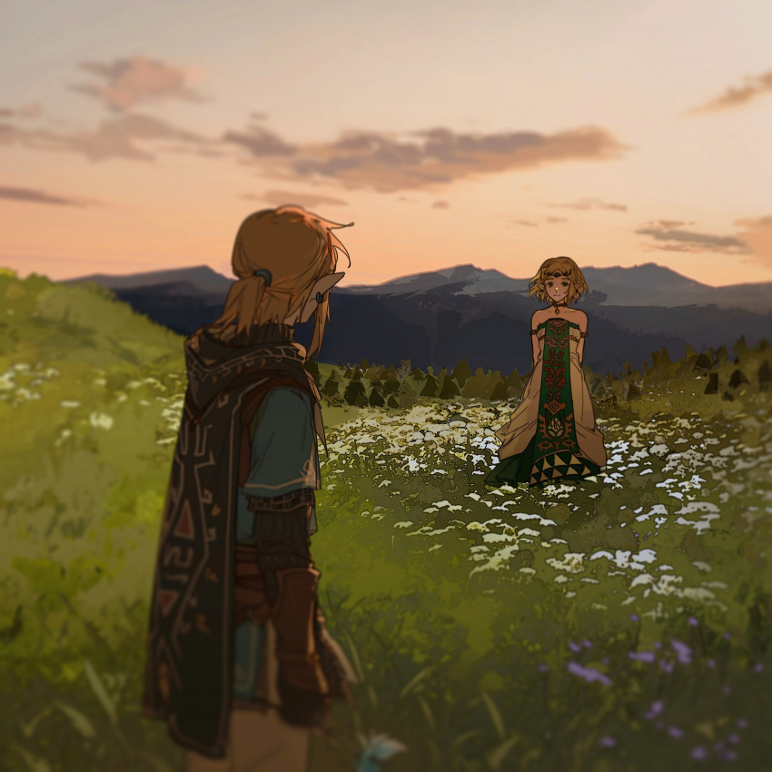 1boy 1girl absurdres armlet blonde_hair blue_tunic cape champion's_tunic_(zelda) choker cloud earrings gloves grass half_updo headdress highres jewelry leather leather_gloves link medium_hair mountainous_horizon necklace outdoors parted_bangs plain pointy_ears princess_zelda short_hair sidelocks smile the_legend_of_zelda the_legend_of_zelda:_tears_of_the_kingdom toga tunic twilight yuno_11_02