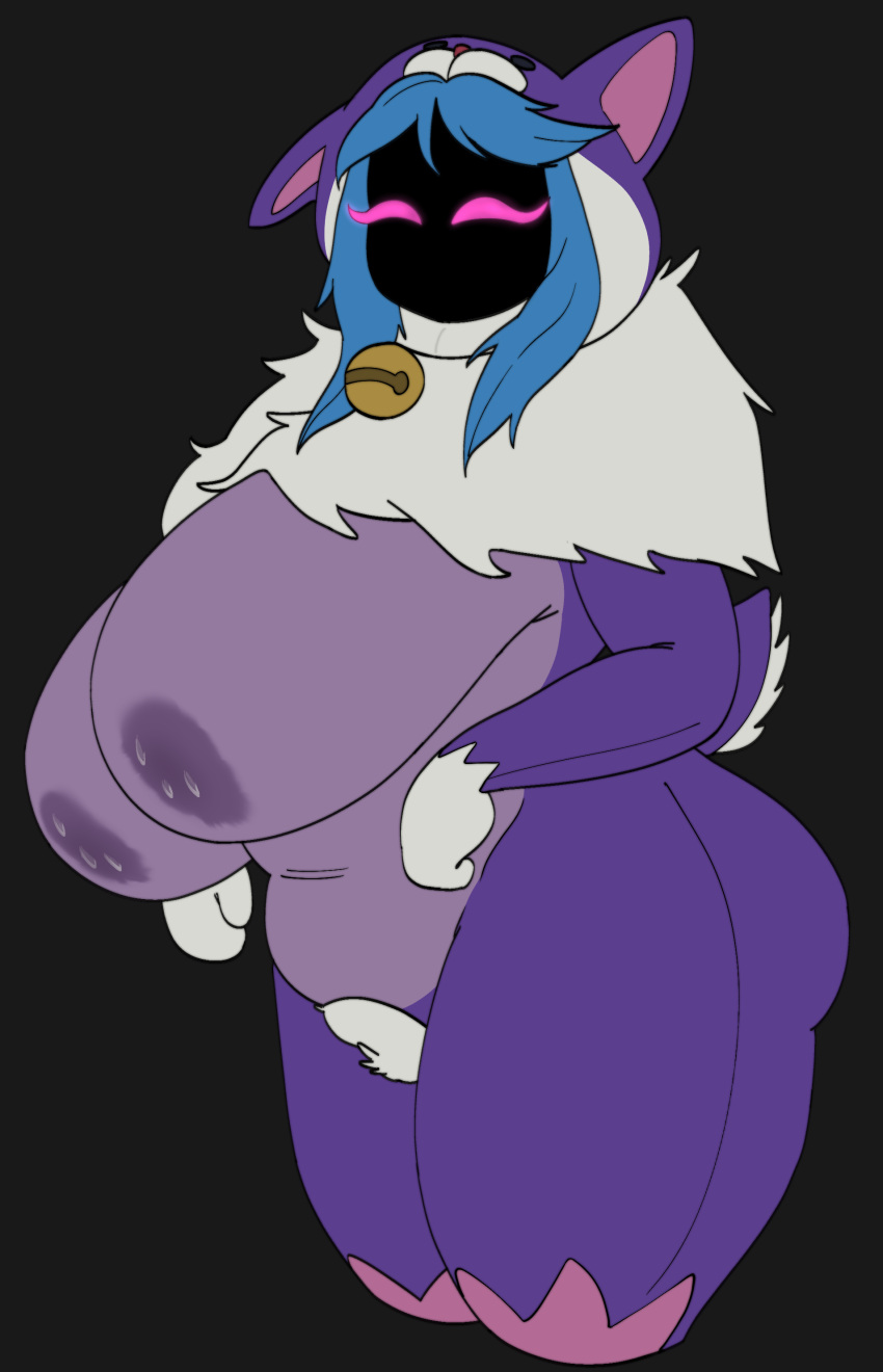 absurd_res anthro bell big_breasts big_butt blue_hair bodily_fluids bovid breasts butt caprine clothing dipstick_limbs eyelashes female fur grey_background hair hi_res huge_breasts kindred_(lol) lactating lactating_through_clothing league_of_legends looking_at_viewer mammal milk navel_outline neck_tuft obscured_face onesie pink_eyes purple_body purple_fur pussy_cutout riot_games ryukinoodle sheep simple_background slightly_chubby solo thick_thighs tuft wet wet_clothing white_body white_fur wide_hips woof_and_the_lamb_kindred