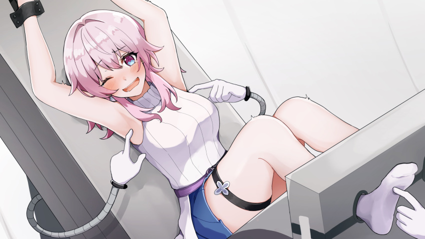 1girl absurdres ankle_socks armpit_tickling armpits arms_up belt blue_skirt blush bound breasts commentary_request commission dutch_angle earrings foot_tickling high_belt highres honkai:_star_rail honkai_(series) jewelry laughing layered_skirt looking_at_viewer march_7th_(feast)_(honkai:_star_rail) march_7th_(honkai:_star_rail) medium_breasts miniskirt mitarashi38o official_alternate_costume one_eye_closed open_mouth purple_belt revision saliva single_earring skeb_commission skirt sleeveless sleeveless_sweater socks solo sweater thigh_strap tickle_torture tickling white_skirt white_sleeves white_socks white_sweater