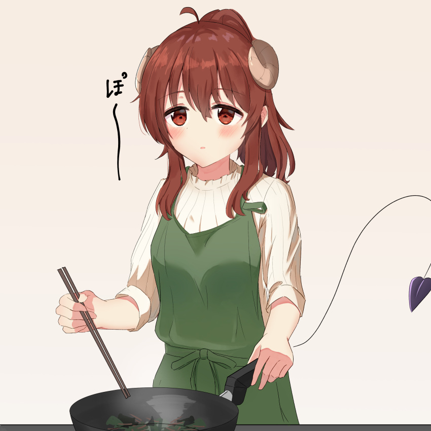 1girl absurdres ahoge apron blush bow breasts chopsticks cooking cowboy_shot demon_girl demon_horns demon_tail frying_pan green_apron highres holding holding_chopsticks holding_frying_pan horns looking_at_viewer machikado_mazoku medium_hair mole mole_under_eye no_nose parted_lips ponytail red_eyes red_hair shirt sidelocks simazuzuzuzu simple_background small_breasts solo sound_effects standing tail white_shirt yoshida_yuuko_(machikado_mazoku)